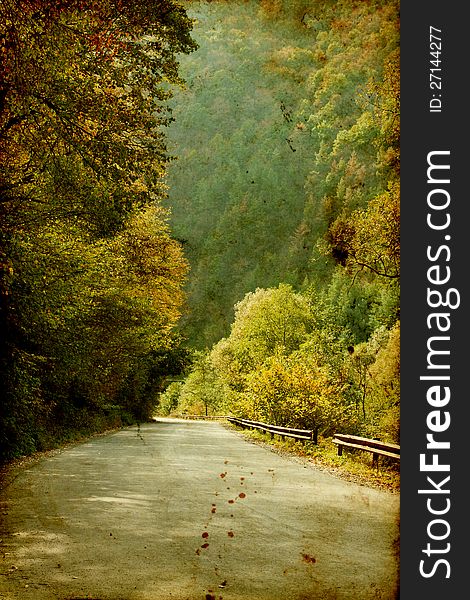 Vintage photo of curving road in autumn forest. Vintage photo of curving road in autumn forest