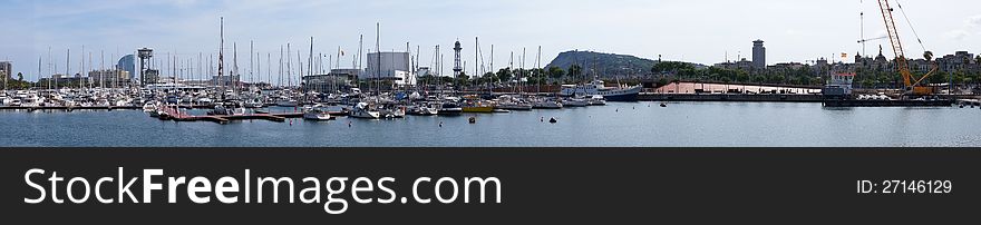 Panoramic view of Barcelona seaport, Spain