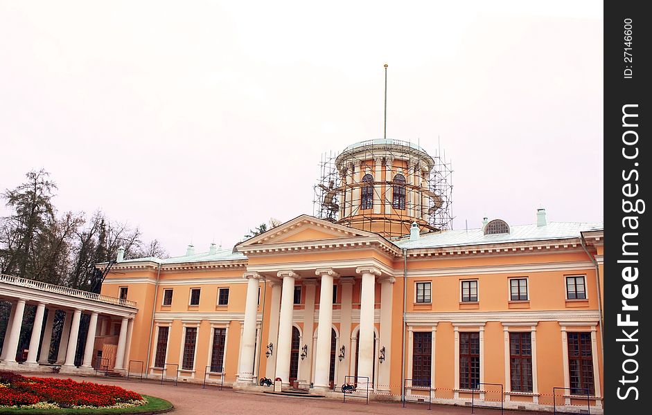 Scaffolding for the repair of the old mansion. Scaffolding for the repair of the old mansion