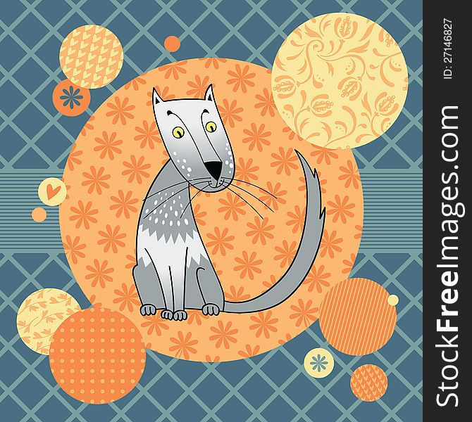 Card with sitting cat and ornamental circles. Vector illustration. Card with sitting cat and ornamental circles. Vector illustration.