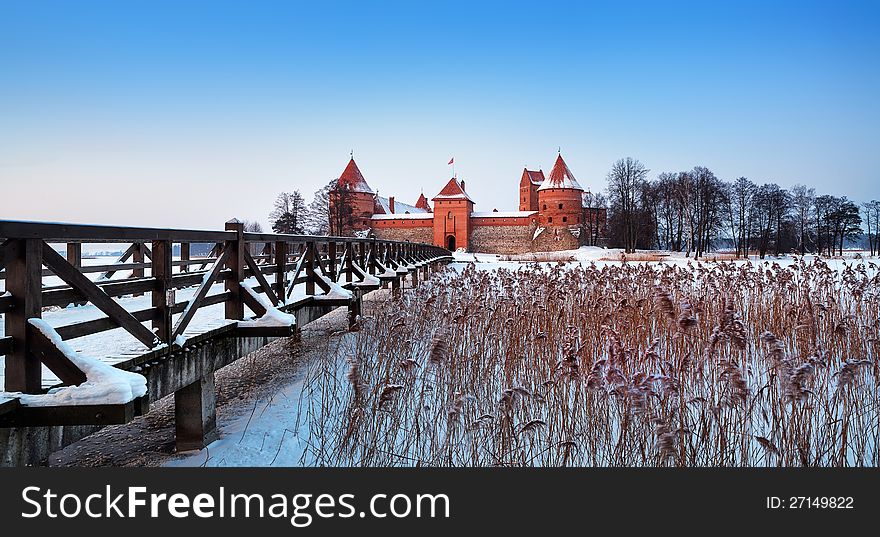 Trakai. Trakai is a historic city and lake resort in Lithuania. It lies 28 km west of Vilnius, the capital of Lithuania.