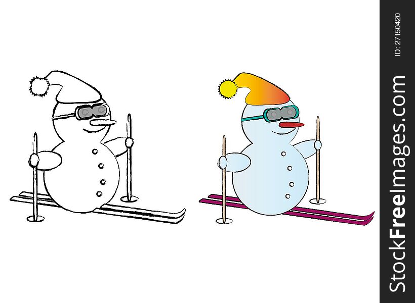 B&W and Colored Snowmen on skis.