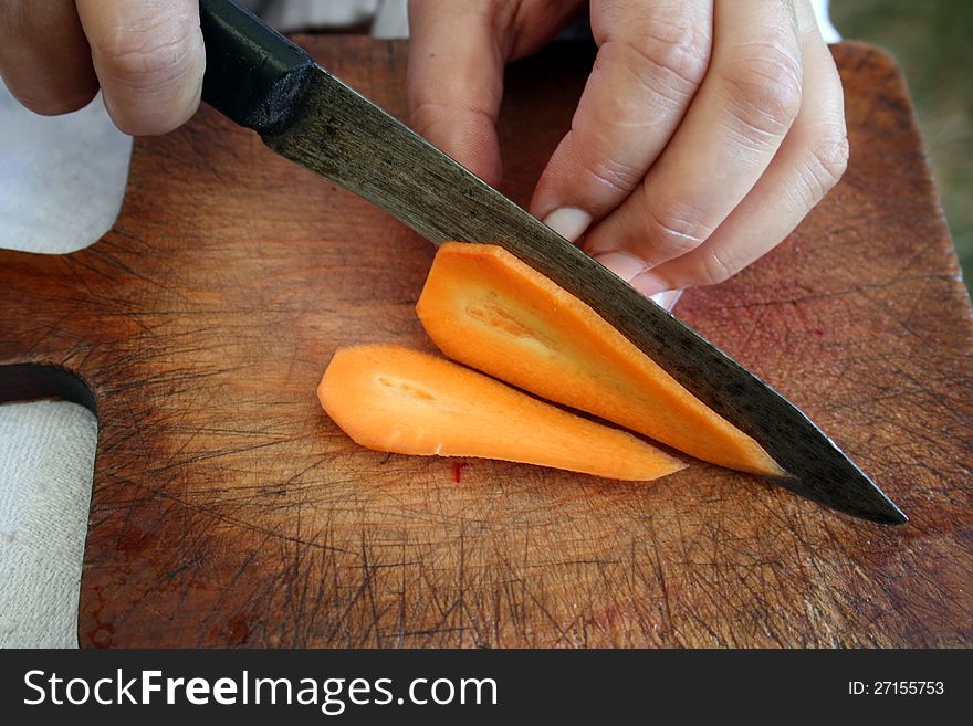 Carrots During Preparation For Cutting