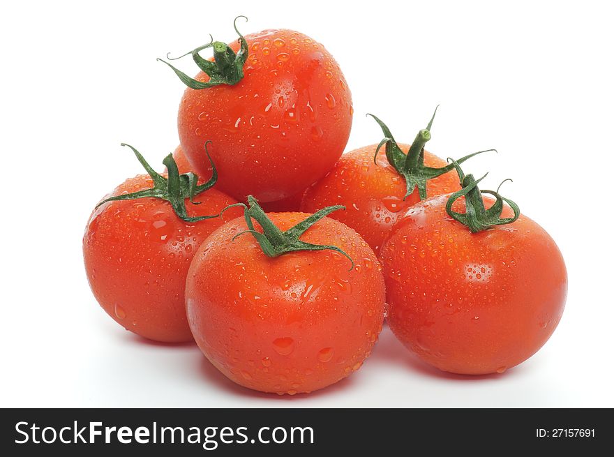 Heap of Fresh Tomatoes with Droplets  on white background