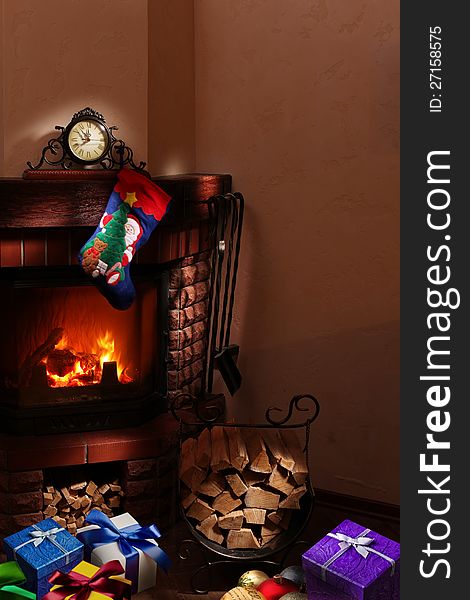 Christmas gifts by the fireplace. Christmas gifts by the fireplace.