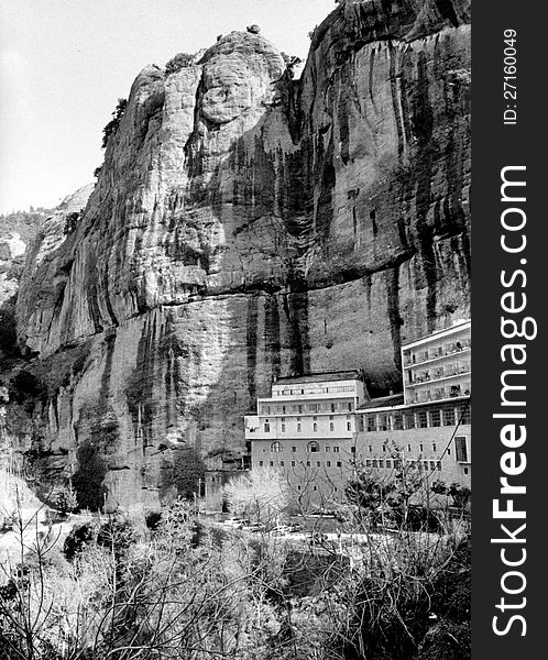 View of Mega Spile Monastery. The Holy Monastery of Mega Spileo in Kalavryta was originally built in the 3rd century but it has suffered many damages till today. Region of Peloponnese, Greece. View of Mega Spile Monastery. The Holy Monastery of Mega Spileo in Kalavryta was originally built in the 3rd century but it has suffered many damages till today. Region of Peloponnese, Greece