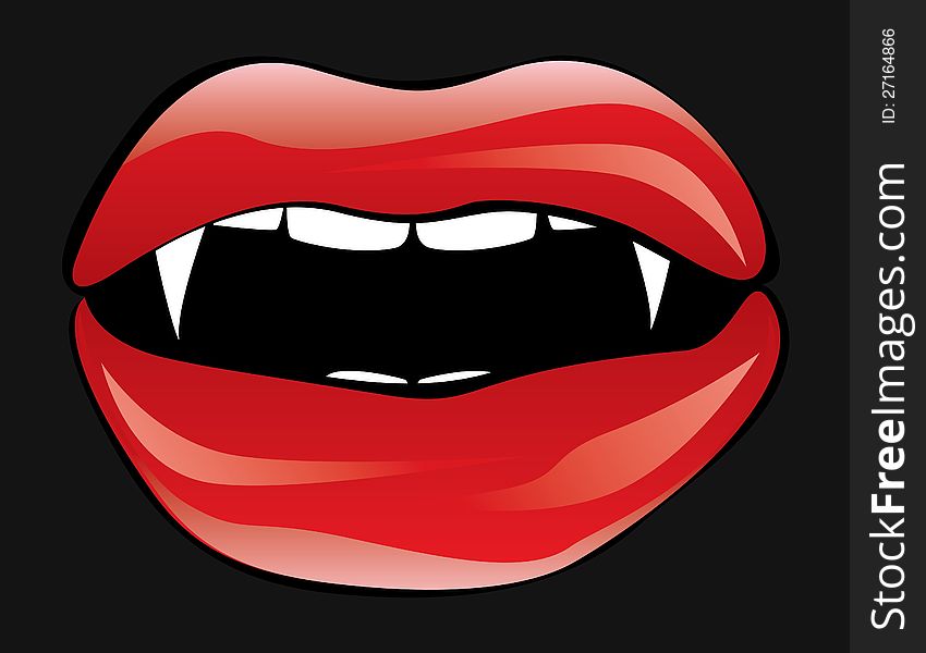 Illustration of red vampire lips on dark background.