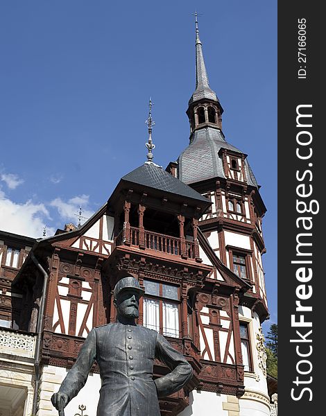 Statue of king carol in front of peles castle , public domain. Statue of king carol in front of peles castle , public domain
