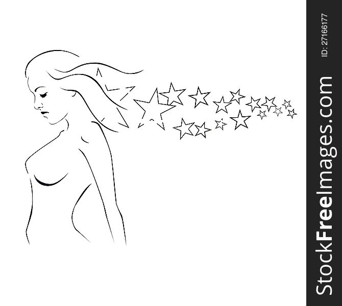 A Silhouette Of A Beautiful Girl With Stardust. A Silhouette Of A Beautiful Girl With Stardust