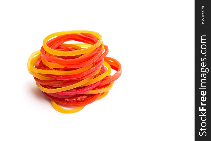 A Colorful rubber bands  on white background