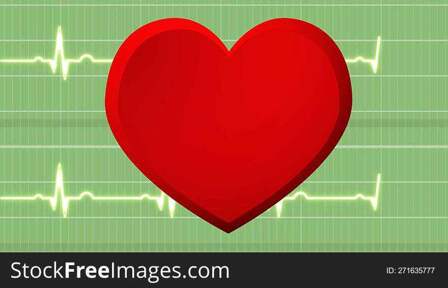 A heartbeat line with a large red heart in the foreground on a green one on an oscilloscope