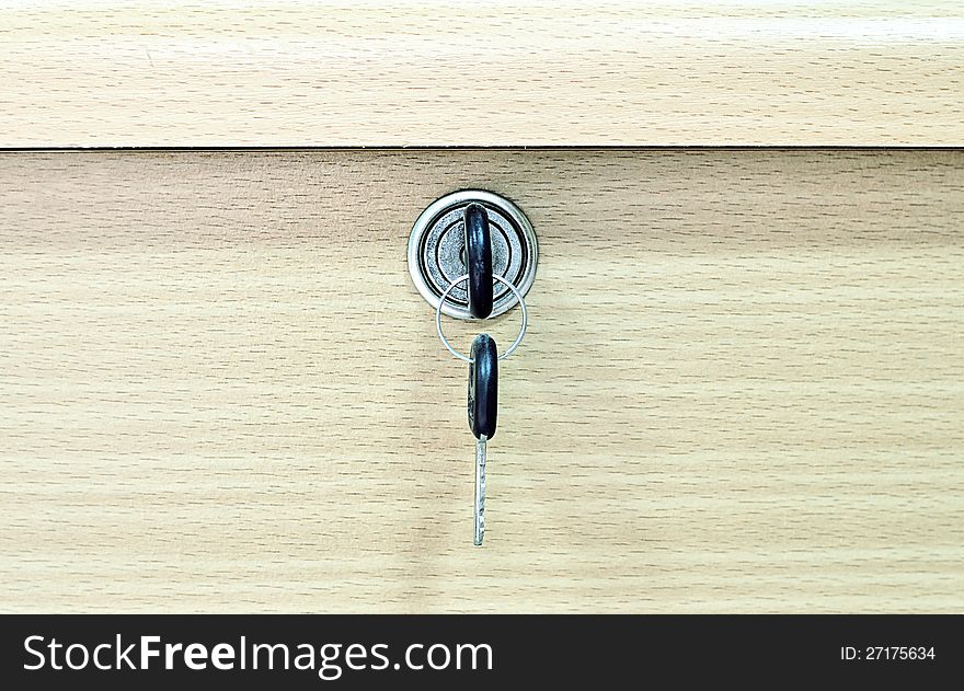 Key with lock of wood table in room