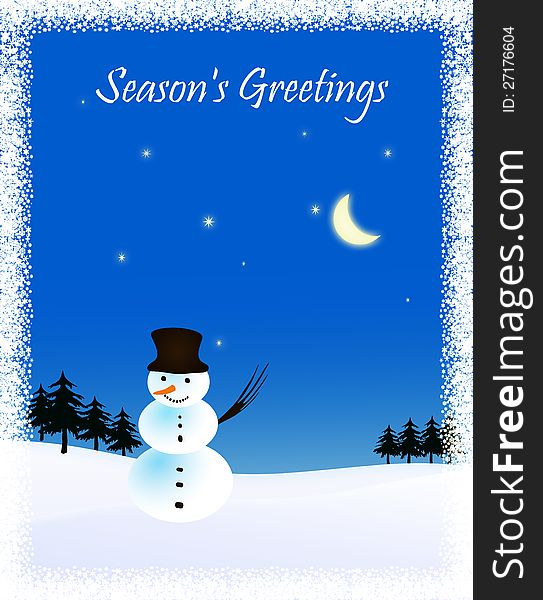 Graphic illustraion of a snowman under the cold winter sky with moon and stars. Season's greetings. Graphic illustraion of a snowman under the cold winter sky with moon and stars. Season's greetings.