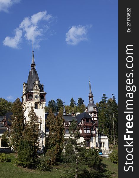 Exterior of towers palace from romania europe in fall season peles castle is public domain. Exterior of towers palace from romania europe in fall season peles castle is public domain