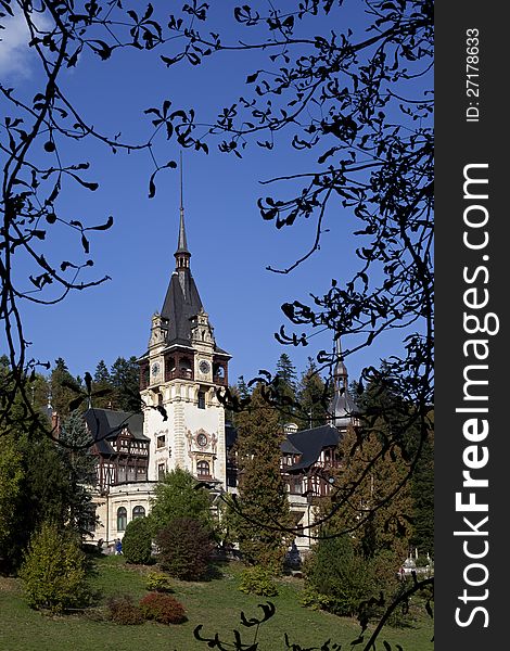 Exterior of towers palace from romania europe in fall season peles castle is public domain. Exterior of towers palace from romania europe in fall season peles castle is public domain