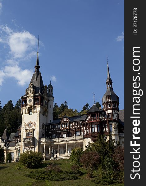 Exterior of towers palace from romania europe in fall season peles castle is public domain. Exterior of towers palace from romania europe in fall season peles castle is public domain