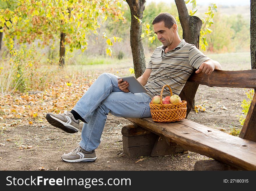 Casual middle-aged man on a rustic bench in woodland reading a book with a basket of fresh apples alongside him. Casual middle-aged man on a rustic bench in woodland reading a book with a basket of fresh apples alongside him