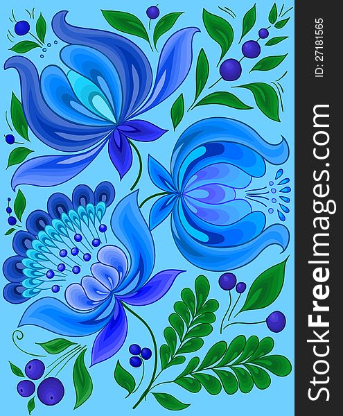 Hand-drawn floral background with flowers cool colors. design illustration,