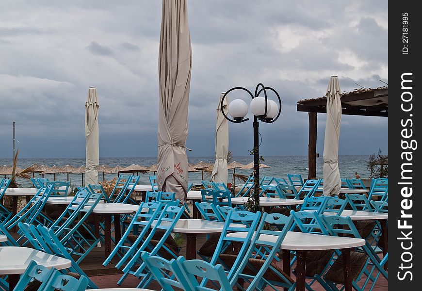 Empty terrace in a rainy day.