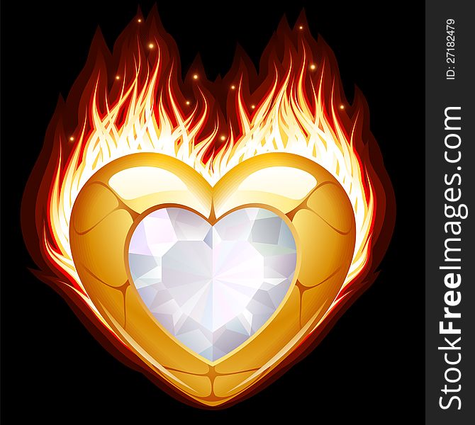 Jewelry in the shape of heart in fire