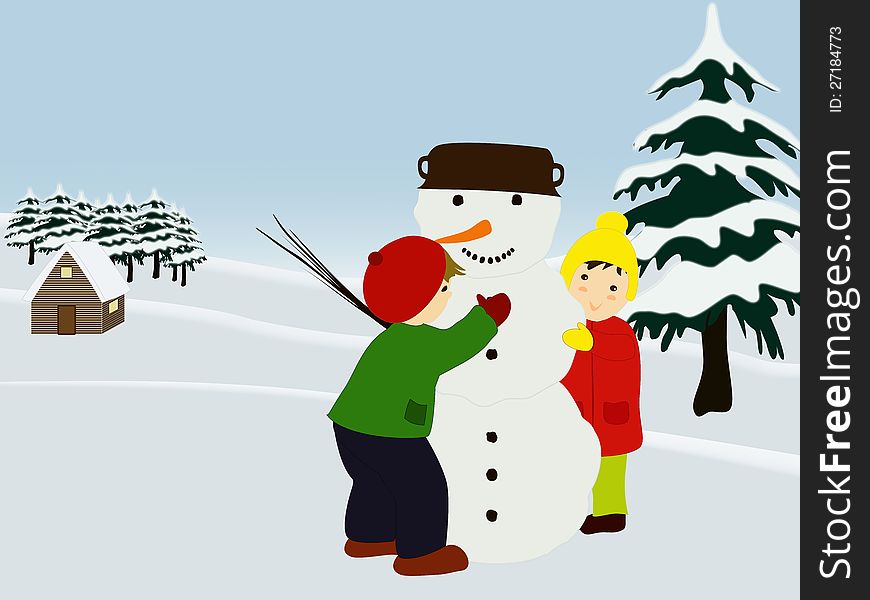 Graphic illustraion of two children making a snowman in winter time. Christmas card with children and snowman. Graphic illustraion of two children making a snowman in winter time. Christmas card with children and snowman.