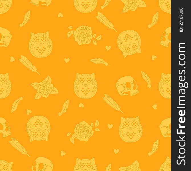 Halloween background with owl, skulls, roses and feathers