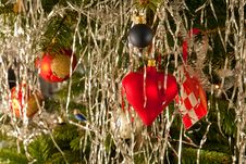 Christmas Decoration Balls And Hearts On A Tree Stock Photos Christmas Decoration Balls And Hearts On A Tree Stock Photos
