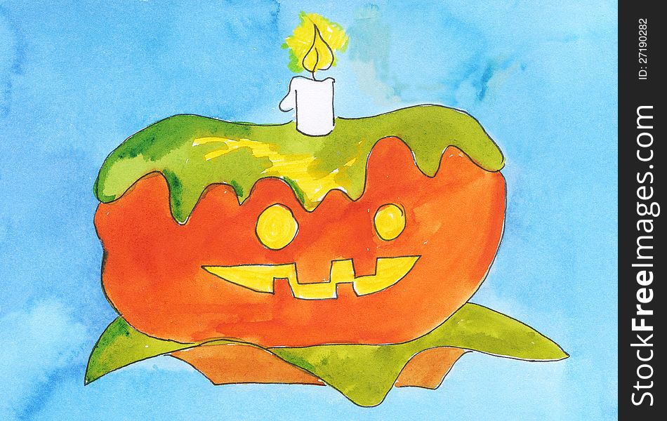 Cake carved pumpkin to celebrate Halloween - color drawing. Cake carved pumpkin to celebrate Halloween - color drawing