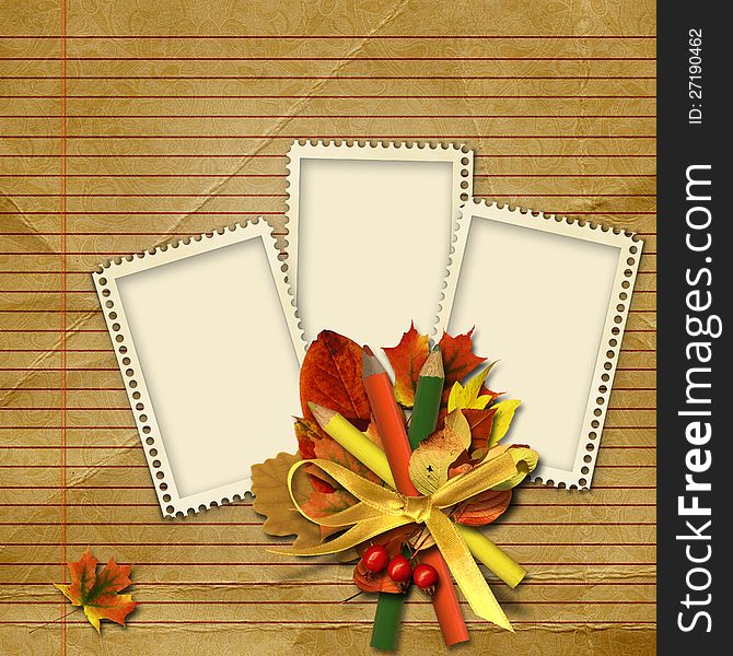 Victorian background with old card,autumn leaves and pencils. family album. Victorian background with old card,autumn leaves and pencils. family album