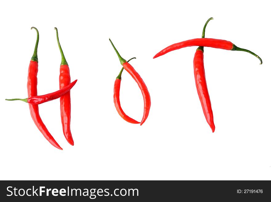 Hot written with peppers isolated over white