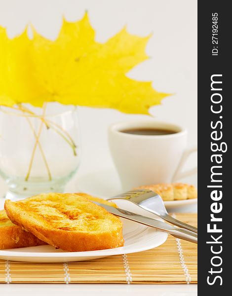 Coffee Cup And Sweet Toast With Autumn Leaves