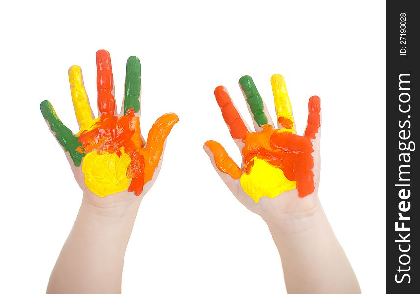 Kid's hands painted in bright colors isolated on white. Kid's hands painted in bright colors isolated on white