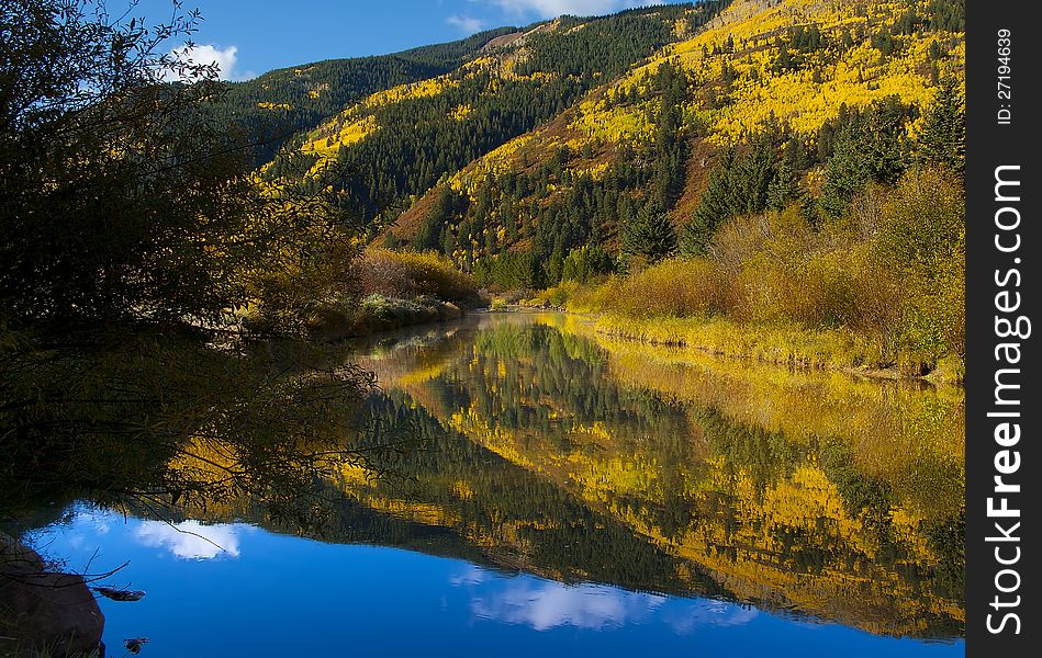 Calm mountain stream surrounded by colorful bushes and reflecting brilliant gold, yellow, and orange fall mountainside of pines, bushes, aspens and some brilliant blue sky above. Calm mountain stream surrounded by colorful bushes and reflecting brilliant gold, yellow, and orange fall mountainside of pines, bushes, aspens and some brilliant blue sky above.