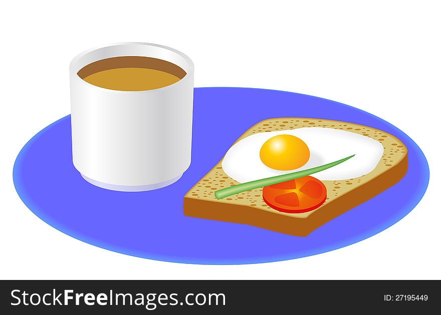 Cup of coffee, toast, egg, onion and tomato. Cup of coffee, toast, egg, onion and tomato