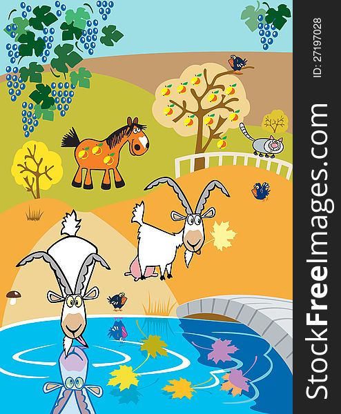 Children illustration with cartoon goats and horse,autumn season,picture for little kids. Children illustration with cartoon goats and horse,autumn season,picture for little kids