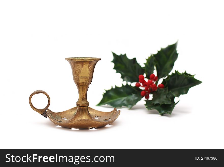 Vintage christmas candlestick with holly berry, on white. Vintage christmas candlestick with holly berry, on white