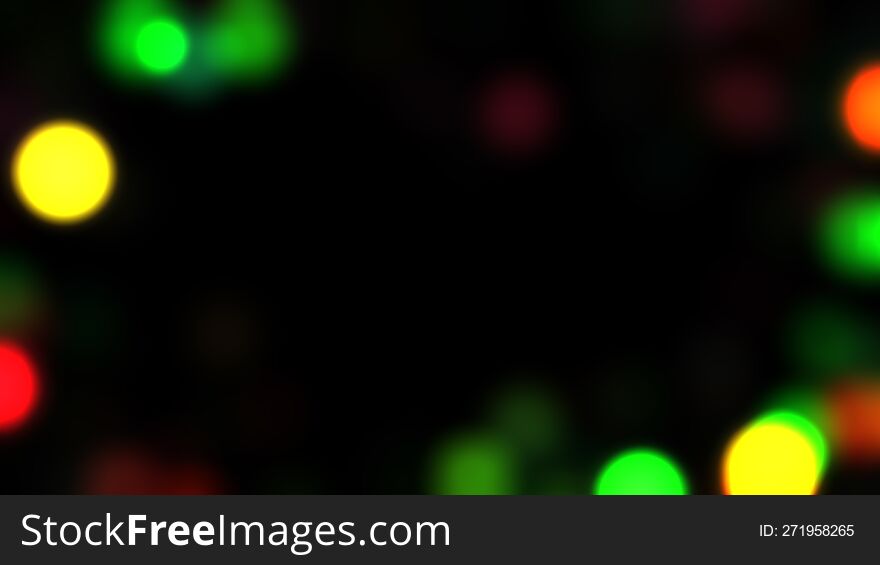 Colorful bright glow bokeh. Christmas vintage lights on black background. Blurred defocused