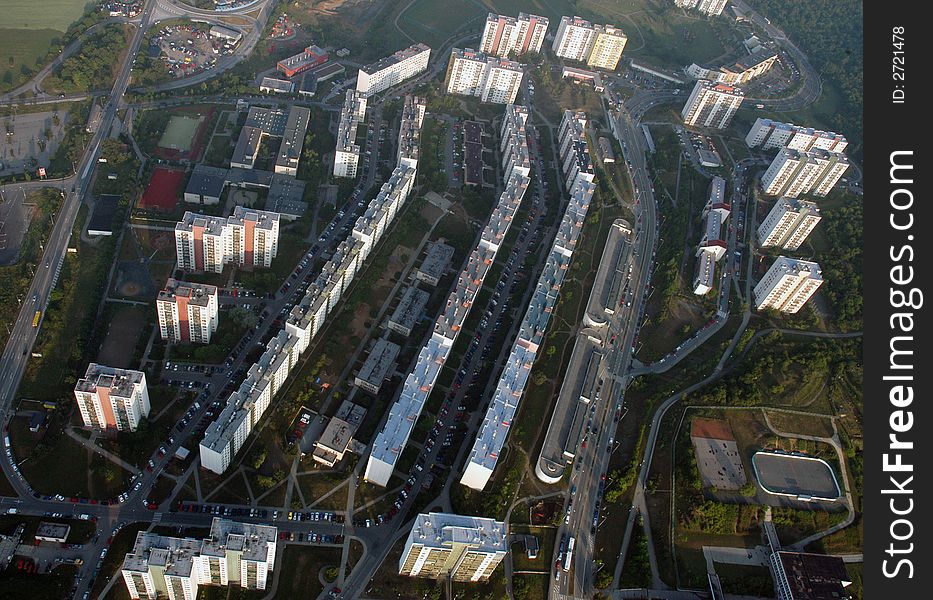 Air view of oan urban settlement with high blocks of flats