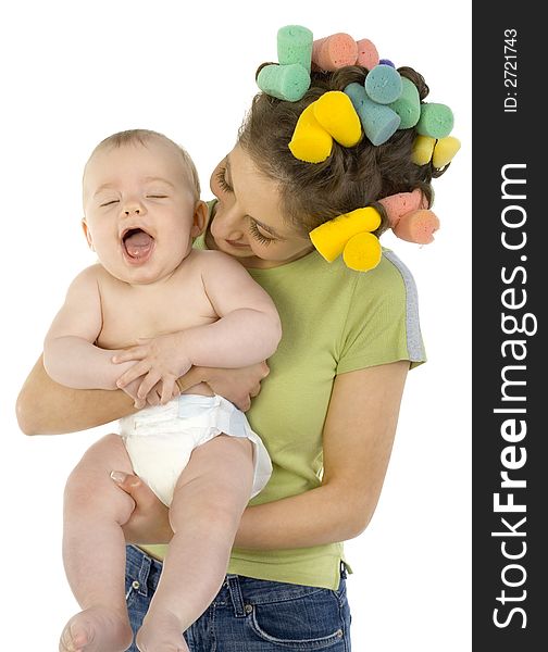Young, beautiful woman with baby on hands. Hugging baby and smiling. Baby is laughing, white background. Front view. Young, beautiful woman with baby on hands. Hugging baby and smiling. Baby is laughing, white background. Front view