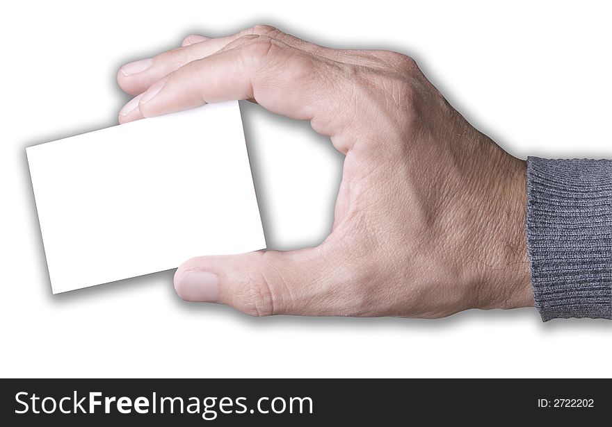 Man holding a blank business card.