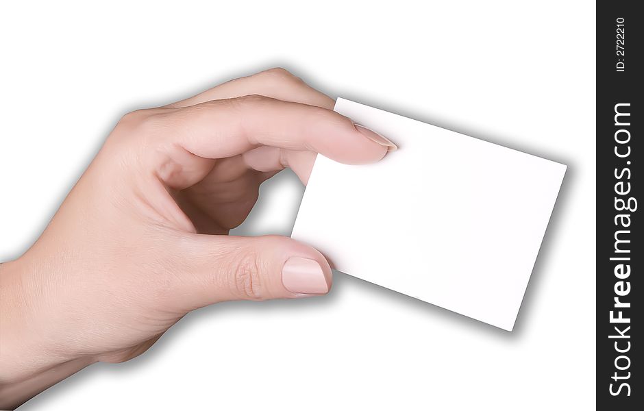 Woman holding a blank business card.