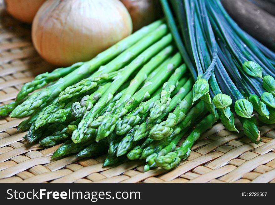 Close up of asparagus and chives