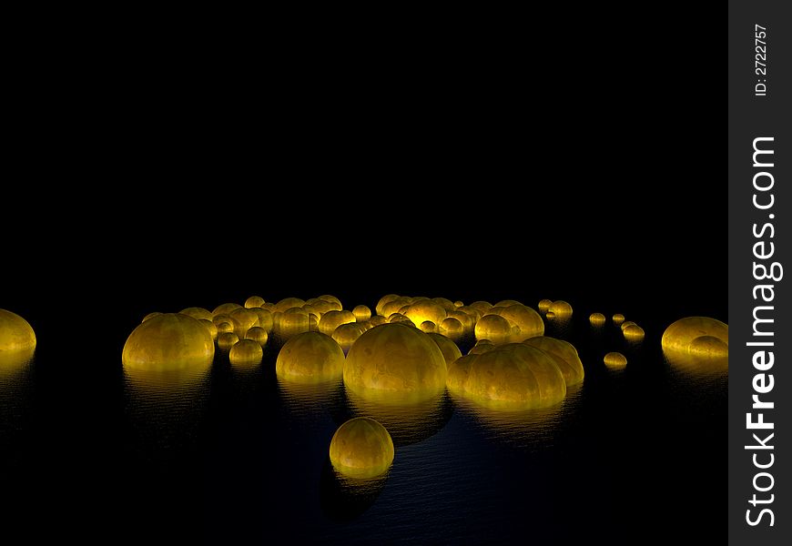 Abstract 3d render background with golden spheres merging together