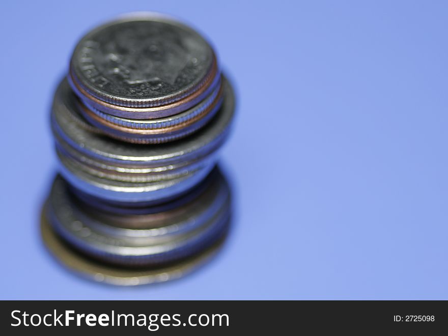 Stack Of Coins, Focus On Front Edge Of Top Coin, Shallow Depth Of Field