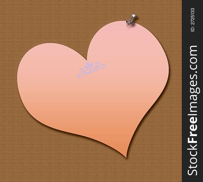 Pink heart shaped note thumbtacked on textured background. Pink heart shaped note thumbtacked on textured background