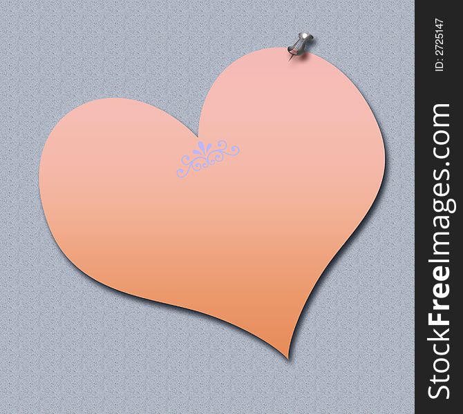 Pink heart shaped note thumbtacked on textured background. Pink heart shaped note thumbtacked on textured background