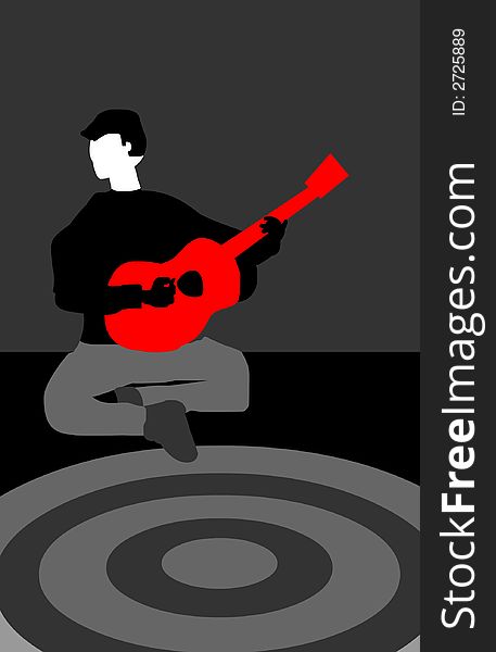 Man playing a red guitar on grey backdrop. Man playing a red guitar on grey backdrop