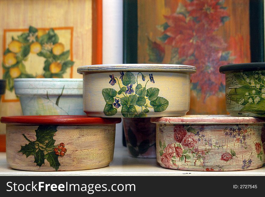Several hand made decorated flowerpots
