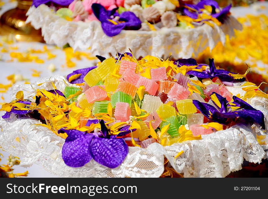 Thai dessert displayed on beautiful tray with pedestal. Thai dessert displayed on beautiful tray with pedestal.