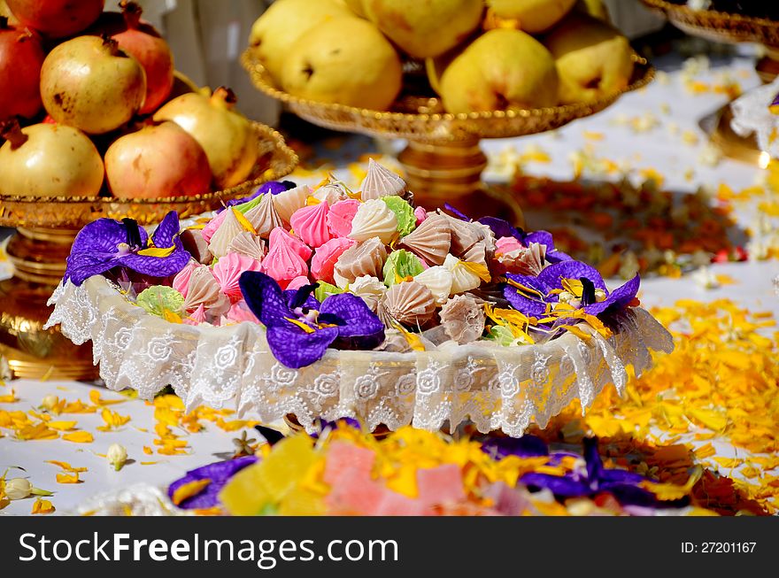 Thai dessert displayed on beautiful tray with pedestal. Thai dessert displayed on beautiful tray with pedestal.